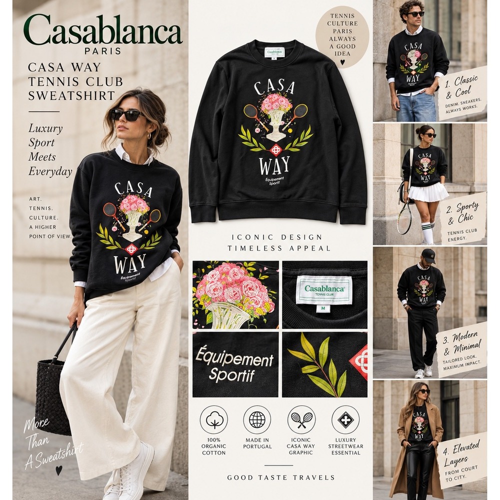 Casablanca Paris Casa Way Tennis Club Sweatshirt Black Organic Cotton M MS24-JTS